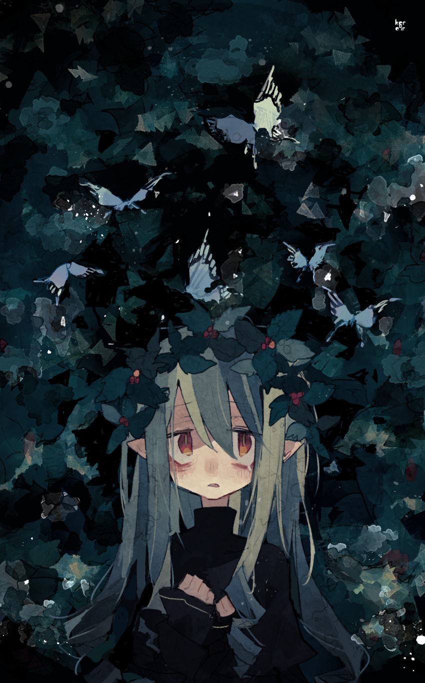 1girl artist_logo bad_id bad_tumblr_id bags_under_eyes bangs bright_pupils brown_eyes bug butterfly clenched_hands d: dark eyebrows_visible_through_hair eyes_visible_through_hair foliage furrowed_brow green_hair hair_between_eyes hands_up highres kere_(kere9r) light_brown_eyes long_hair long_sleeves original outdoors parted_lips plant pointy_ears ringlets sanpaku scared single_tear sleeves_past_wrists solo straight-on turtleneck upper_body