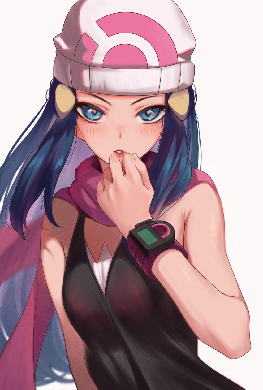 1girl absurdres bare_shoulders beanie black_shirt blue_eyes blue_hair blush breasts hikari_(pokemon) grey_background hand_on_own_chin hat highres long_hair looking_at_viewer medium_breasts parted_lips pink_scarf pokemon pokemon_(game) pokemon_dppt revision scarf shiny shiny_skin shirt simple_background sleeveless sleeveless_shirt solo teeth torriet upper_body white_headwear