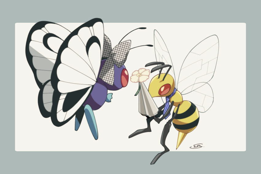 animal_focus artist_name bee beedrill blank_eyes blue_necktie border bow bug butterfly butterfree clothed_pokemon commentary_request eye_contact flower from_behind full_body grey_border grey_bow highres holding holding_flower iie_efg insect_wings looking_at_another necktie no_humans outside_border plaid plaid_bow pokemon pokemon_(creature) red_eyes signature simple_background stinger striped_necktie unmoving_pattern white_background white_flower wings