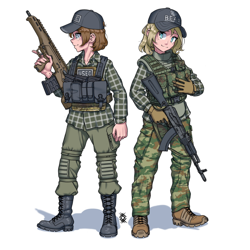 2girls absurdres ak-103 ammunition_pouch bangs baseball_cap black_footwear black_headwear blonde_hair blue_eyes boots brown_footwear brown_gloves brown_hair bullpup camouflage camouflage_pants closed_mouth commission desert_tech_mdr escape_from_tarkov full_body gloves green_pants green_shirt gun hat highres holding holding_gun holding_weapon kalashnikov_rifle long_sleeves looking_at_viewer magazine_(weapon) military military_uniform multiple_girls original ostwindprojekt pants polo_shirt pouch rifle shadow shirt simple_background smile standing tactical_clothes trigger_discipline uniform vest weapon white_background