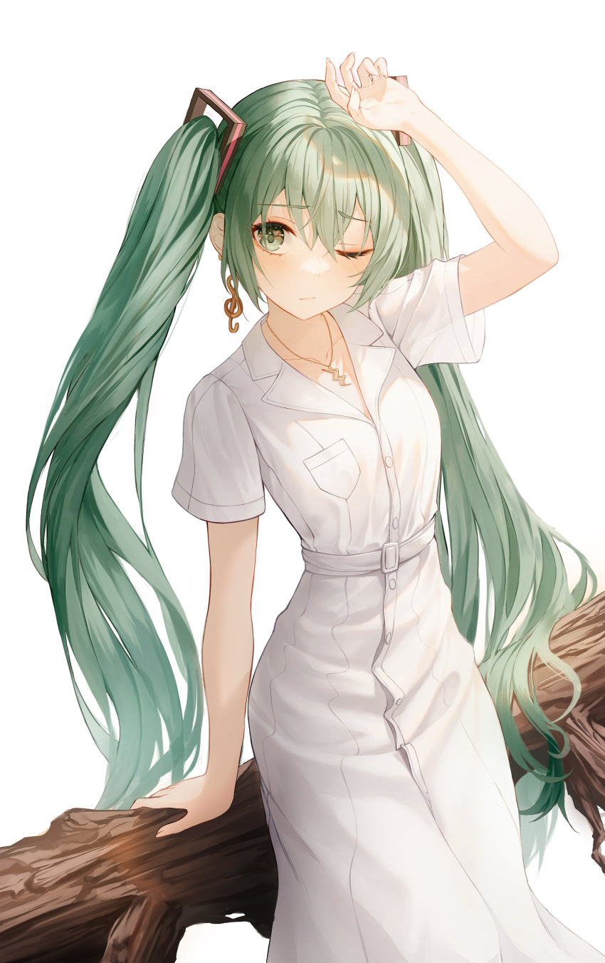 1girl absurdres breasts dress earrings eyebrows_visible_through_hair hair_between_eyes hatsune_miku highres jewelry kerno long_hair necklace one_eye_closed short_sleeves simple_background sitting small_breasts solo twintails very_long_hair vocaloid white_background