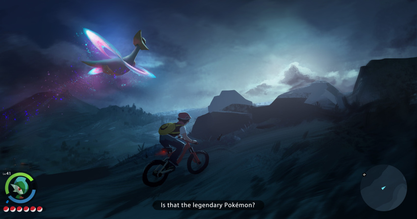 1boy backpack bag black_hair clouds commentary cresselia english_commentary flying gallade glowing hat health_bar highres hill lucas_(pokemon) male_focus mars_symbol minimap night outdoors pants poke_ball_symbol pokemon pokemon_(creature) pokemon_(game) pokemon_dppt riding_bicycle rock shen_yh shoes short_hair sky subtitled yellow_bag