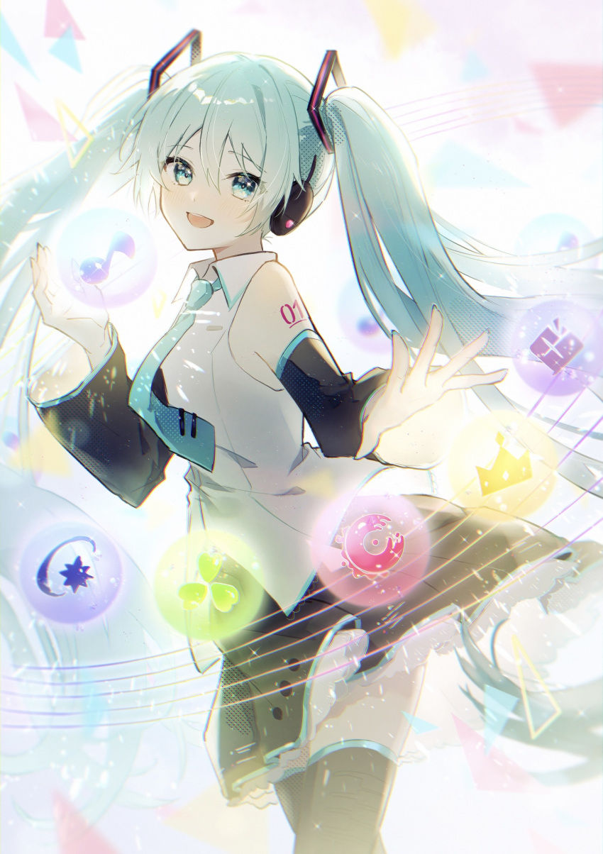 1girl aqua_eyes aqua_hair aqua_neckwear bangs bare_shoulders black_legwear blush breasts collared_shirt commentary_request cowboy_shot detached_sleeves eyebrows_visible_through_hair frilled_skirt frills glowing hair_between_eyes hair_ornament hands_up hatsune_miku highres long_hair looking_at_viewer looking_to_the_side necktie necojishi open_mouth project_sekai shirt skirt sleeveless small_breasts smile solo thigh-highs twintails very_long_hair vocaloid white_shirt