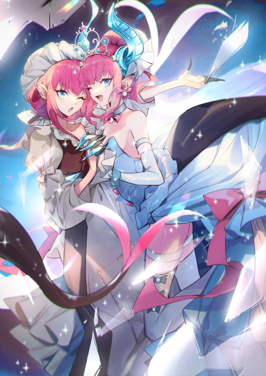 2girls bangs bare_shoulders black_dress blue_dress blue_eyes blush breasts dragon_girl dragon_horns dragon_tail dress dual_persona elizabeth_bathory_(cinderella_rider)_(fate) elizabeth_bathory_(fate) eyebrows_visible_through_hair fang fate/grand_order fate_(series) hair_ribbon highres holding_hands horns interlocked_fingers long_hair looking_at_viewer multiple_girls no-kan one_eye_closed open_mouth pink_hair pointy_ears puffy_short_sleeves puffy_sleeves ribbon short_sleeves sidelocks skin_fang small_breasts smile tail