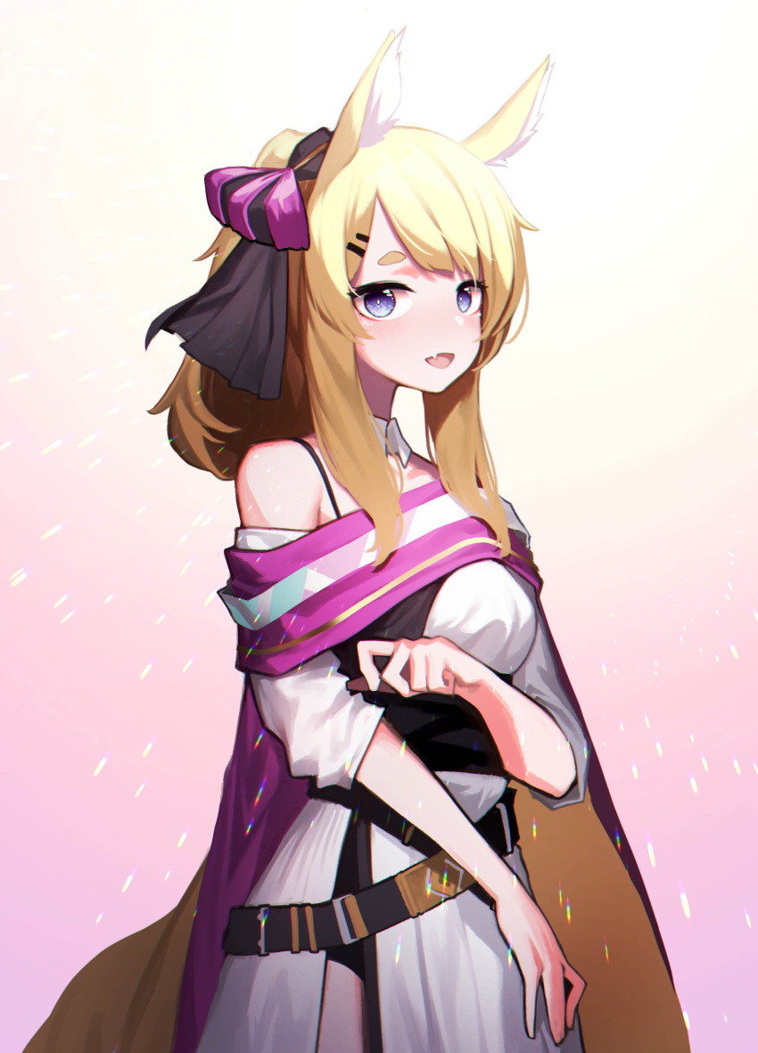 1girl :d absurdres animal_ears arknights bangs bare_shoulders belt beudelb black_belt blonde_hair blue_eyes bow bra_strap breasts commentary_request cowboy_shot detached_collar dress fang gradient gradient_background hair_bow highres korean_commentary long_hair looking_at_viewer off-shoulder_dress off_shoulder pink_background ponytail small_breasts smile solo standing thick_eyebrows whislash_(arknights) whislash_(glory_purple)_(arknights) white_dress