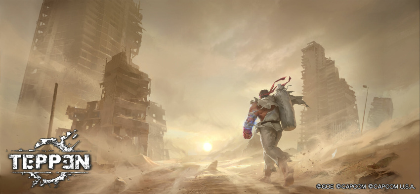 1boy ass bag baggy_pants bandaged_arm bandages barefoot carrying_bag cityscape dougi dust dust_cloud english_commentary eyebrows_visible_through_headband fighting_stance full_body headband highres holding holding_bag jeremy_chong male_focus muscular muscular_male official_art pants ryu_(street_fighter) sand shirt short_hair solo street_fighter teppen torn_clothes torn_pants torn_shirt walking_away white_pants wide_shot wind