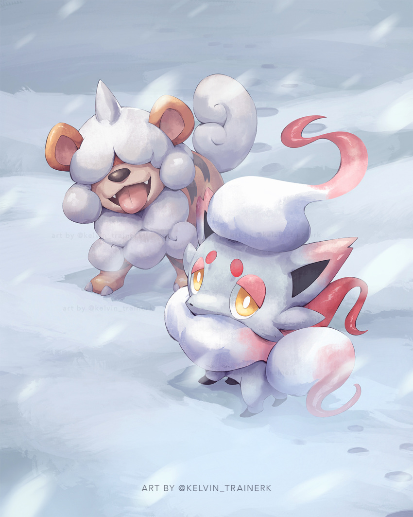 bright_pupils commentary day english_commentary fangs footprints highres hisuian_growlithe hisuian_zorua kelvin-trainerk looking_at_viewer looking_back no_humans open_mouth outdoors pokemon pokemon_(creature) smile snow snowing standing tongue tongue_out twitter_username white_pupils yellow_eyes
