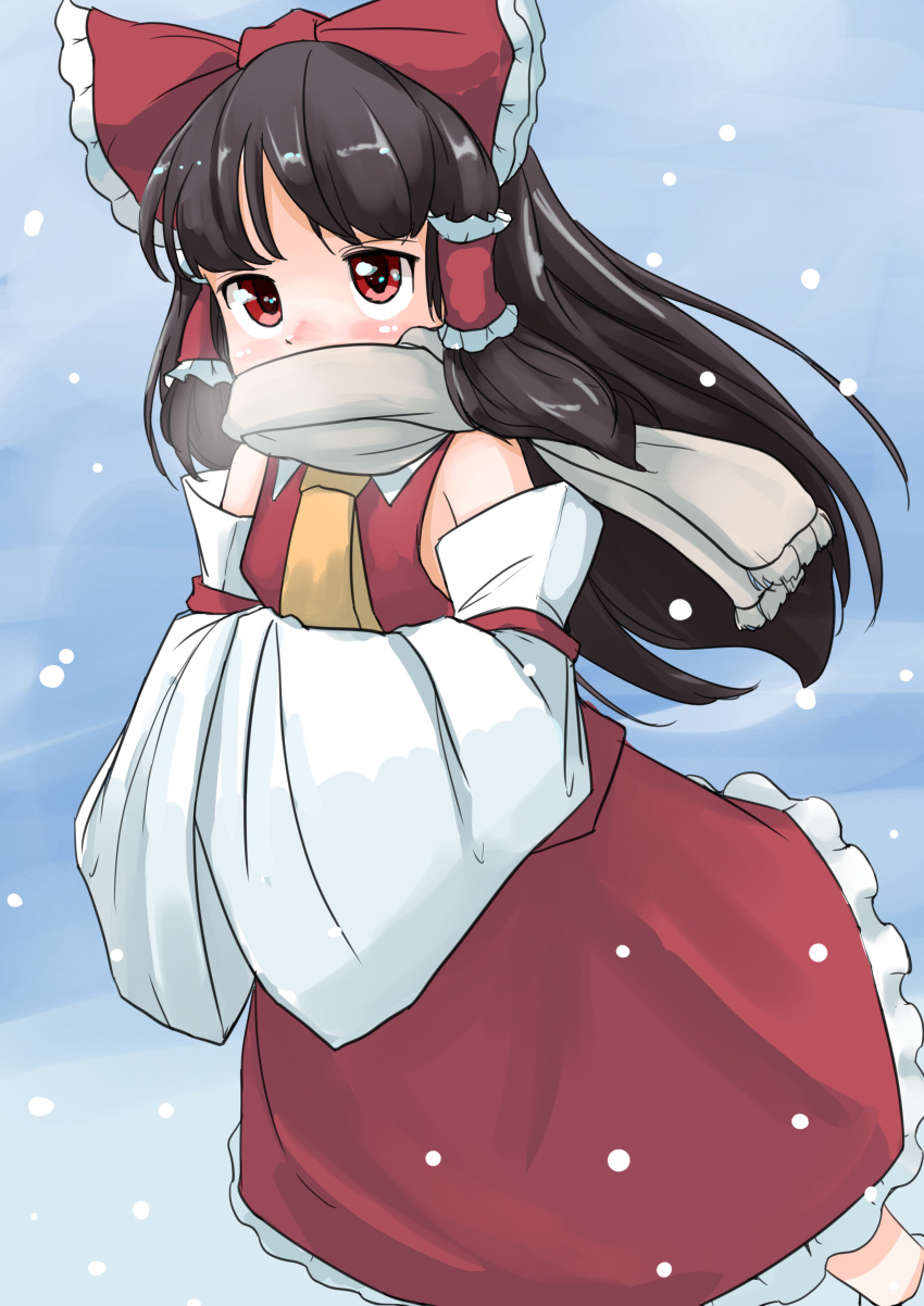 1girl absurdres bangs bow brown_hair commentary_request detached_sleeves feet_out_of_frame hair_bow hair_tubes hakurei_reimu hands_in_opposite_sleeves highres long_hair long_sleeves one-hour_drawing_challenge outdoors red_bow red_eyes red_shirt red_skirt scarf scottie0521 shirt skirt snow snowing solo touhou wide_sleeves yellow_neckwear