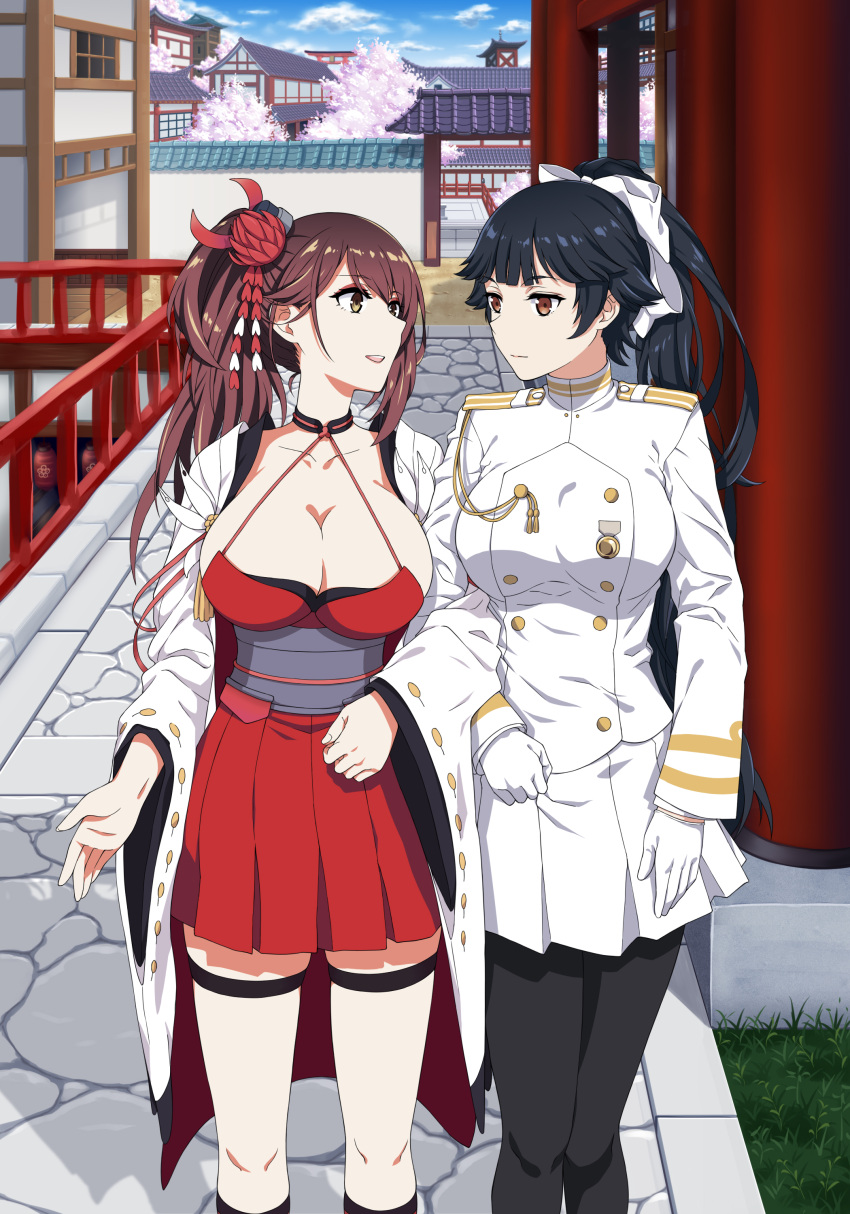 2girls absurdres architecture azur_lane black_eyes black_hair black_legwear breasts brown_eyes brown_hair chaos-lizard cherry_blossoms crossed_arms east_asian_architecture gloves hair_ornament hairband highres holding_hands japanese_clothes kimono large_breasts leg_belt long_hair looking_at_another military military_uniform multiple_girls open_mouth ponytail smile stone_floor takao_(azur_lane) thigh-highs uniform white_gloves yuri zuikaku_(azur_lane)