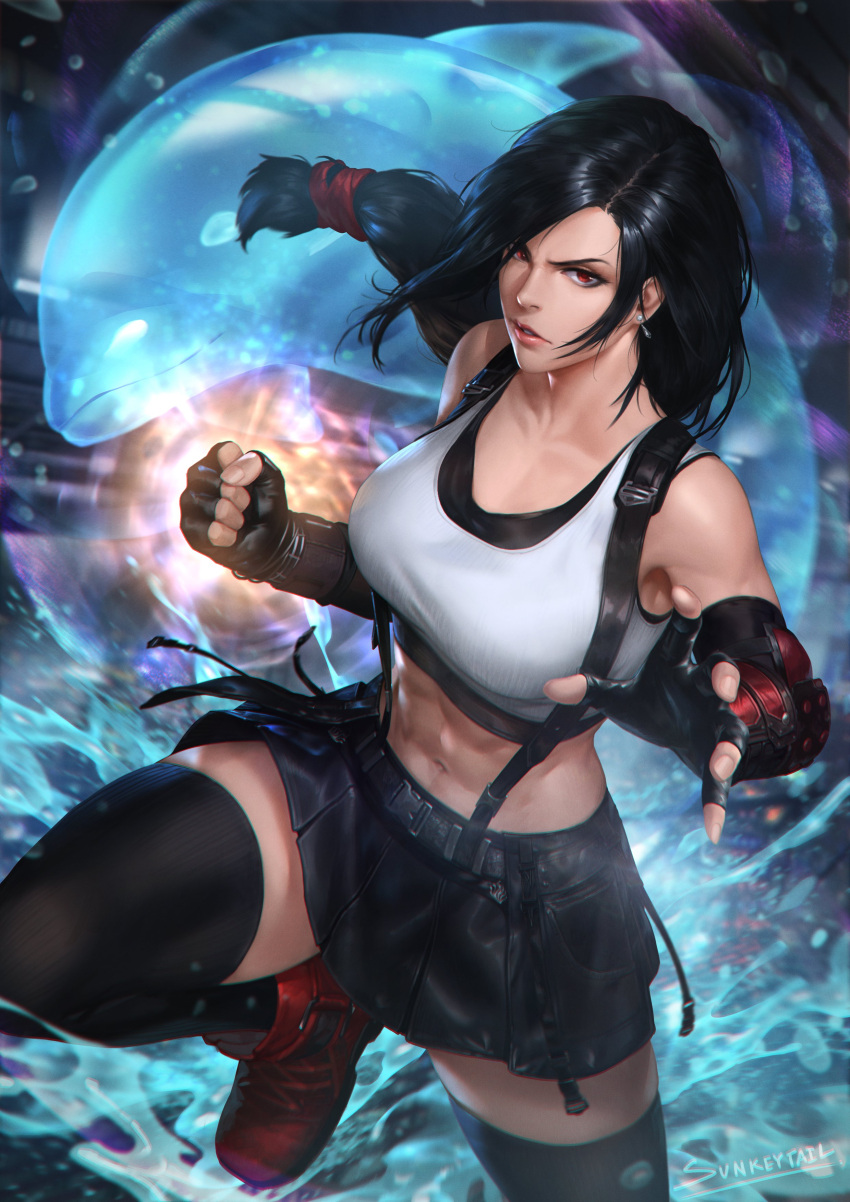 1girl abs absurdres arm_guards black_hair black_legwear black_skirt black_thighhighs clenched_hand collarbone crop_top dolphin earrings elbow_gloves female fighting_stance final_fantasy final_fantasy_vii final_fantasy_vii_remake fingerless_gloves glaring gloves highres jewelry lips long_hair looking_at_viewer low-tied_long_hair one_leg_raised parted_lips pleated_skirt red_eyes red_footwear skirt sleeveless solo sunkeytail suspenders tank_top thigh-highs tifa_lockhart toned zettai_ryouiki