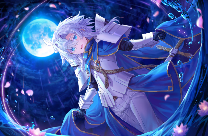 1girl :d ahoge armor black_gloves blue_cape blue_eyes blue_sky blue_theme breastplate cape fang fisheye full_moon gloves hair_between_eyes highres knight_(shichigatsu) long_hair looking_at_viewer moon night night_sky open_mouth original pants pauldrons shichigatsu shoulder_armor sky smile solo standing wading waist_cape white_hair white_pants