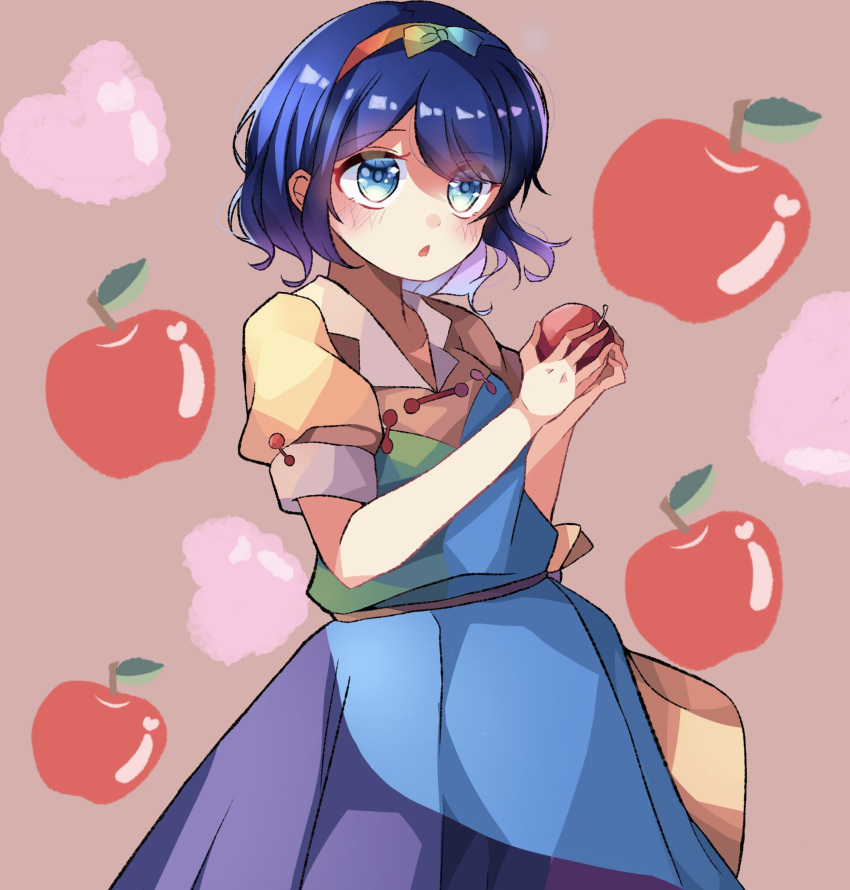 1girl apple blue_eyes blue_hair collared_dress cropped dress food fruit highres holding meimei_(meimei89008309) multicolored_clothes multicolored_dress multicolored_hairband open_mouth orange_background patchwork_clothes solo tenkyuu_chimata touhou