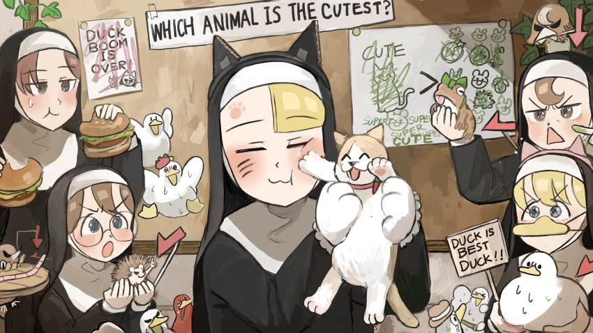 5girls :3 :o :t =_= animal animal_ears animal_on_hand arrow_(symbol) beret bird bird_on_hand blonde_hair blue_eyes board brown_eyes brown_hair bubble_pipe burger cat cat_ears catholic chicken chili_pepper commentary diva_(hyxpk) drawing duck earthworm eating english_commentary fake_animal_ears fake_whiskers fedora food food_in_mouth frog glasses_nun_(diva) gluttonous_nun_(diva) habit half-bang_nun_(diva) hanging_plant hat hedgehog highres holding holding_animal holding_cat hook-bang_nun_(diva) jealous kitten little_nuns_(diva) mask mole_(animal) monocle mouth_hold mouth_mask multiple_girls nun ostrich paw_print pointing protagonist_nun_(diva) red_eyes redhead shadow sign spread_wings stool sweat sweating_profusely triangle_mouth