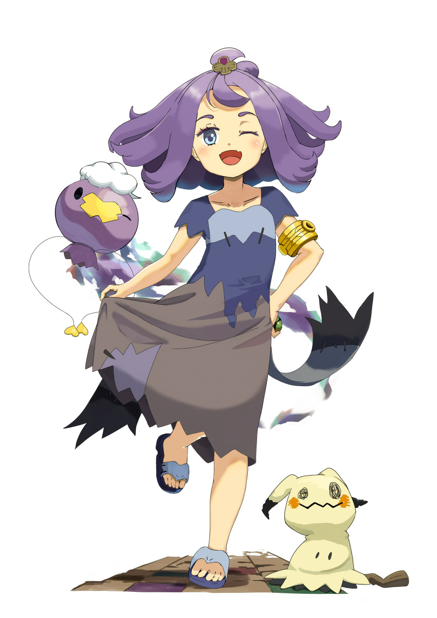 1girl ;d absurdres acerola_(pokemon) armlet bangs blue_dress blue_eyes blush commentary dress drifloon eyelashes fang flip-flops grey_dress hair_ornament hairclip highres kun_(user_tmwh7453) leg_up medium_hair mimikyu multicolored_clothes multicolored_dress one_eye_closed open_mouth pokemon pokemon_(creature) pokemon_(game) pokemon_sm purple_hair sandals short_sleeves smile standing standing_on_one_leg stitches tongue topknot torn_clothes torn_dress