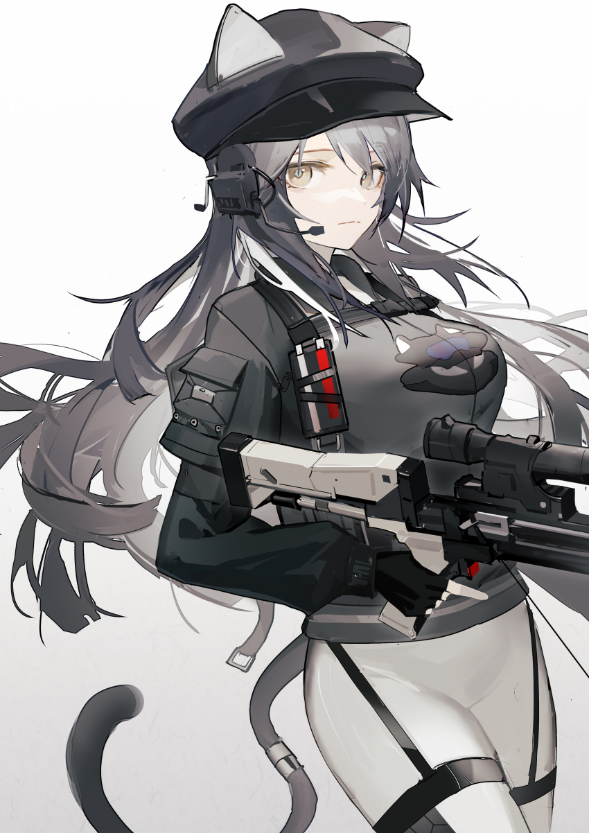 1girl absurdres animal_ear_headwear arknights black_gloves cat_tail crossbow fingerless_gloves gloves grey_hair headset highres jacket light_brown_eyes long_hair long_sleeves looking_at_viewer luozhou_pile pants schwarz_(arknights) schwarz_(skyline)_(arknights) simple_background solo tail weapon white_background white_pants