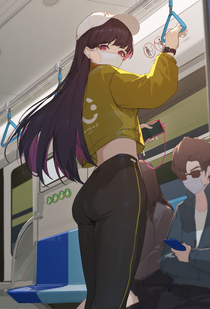 1girl absurdres ass bangs baseball_cap black_pants cable cellphone cropped_jacket earphones ground_vehicle hat highres holding holding_hand_grip holding_phone jacket lance_(lancelliu) long_hair looking_at_viewer looking_back mask mouth_mask original pants people phone purple_hair red_eyes seat smartphone straight_hair tight tight_pants train_interior watch watch white_headwear white_mask yellow_jacket yoga_pants