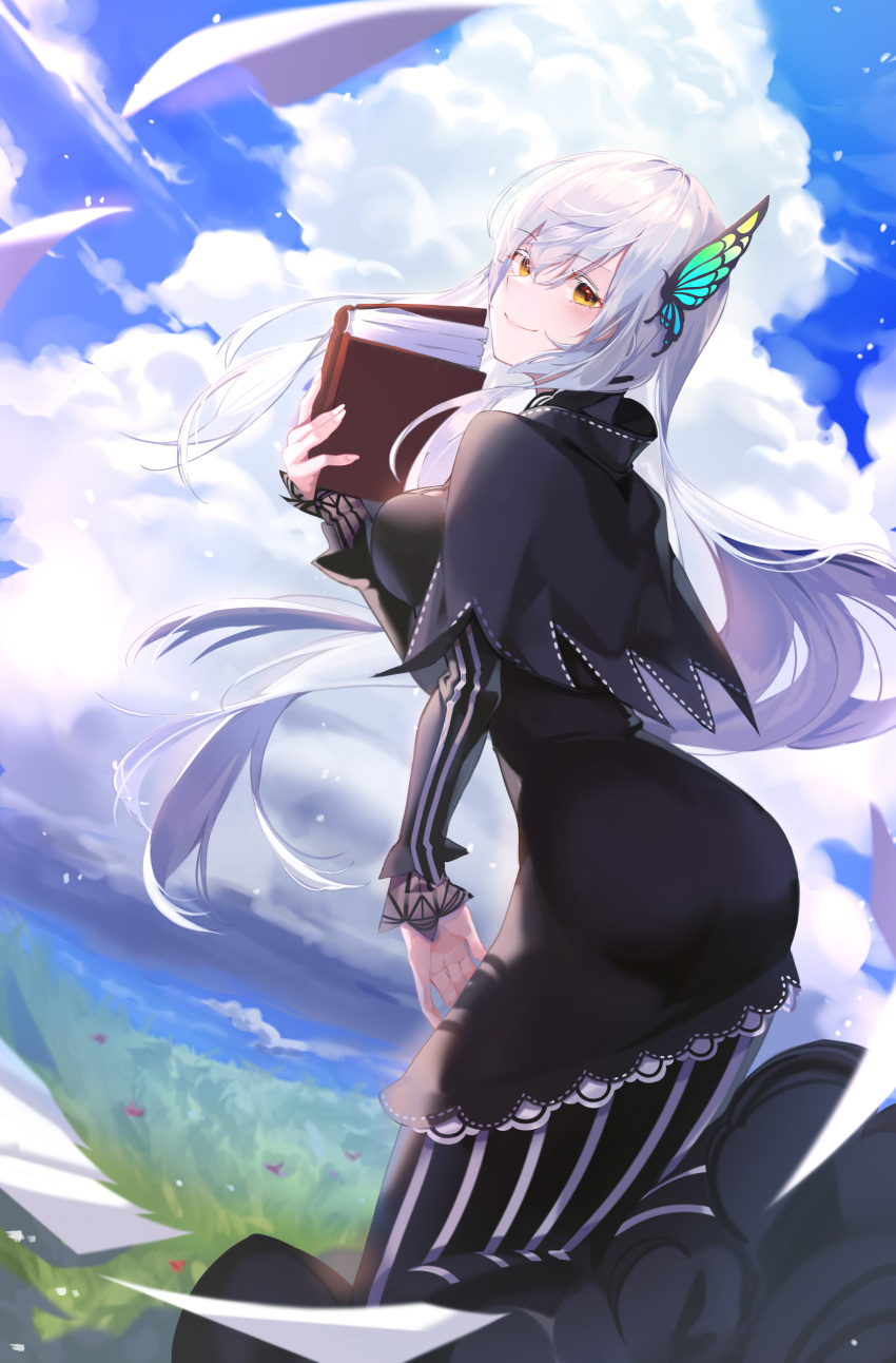 1girl absurdres black_dress book butterfly_hair_ornament capelet clouds dress echidna_(re:zero) eyebrows_visible_through_hair flying_paper from_behind grasslands hair_ornament highres holding holding_book long_hair looking_at_viewer mute_fanta855 paper re:zero_kara_hajimeru_isekai_seikatsu smile solo white_hair yellow_eyes