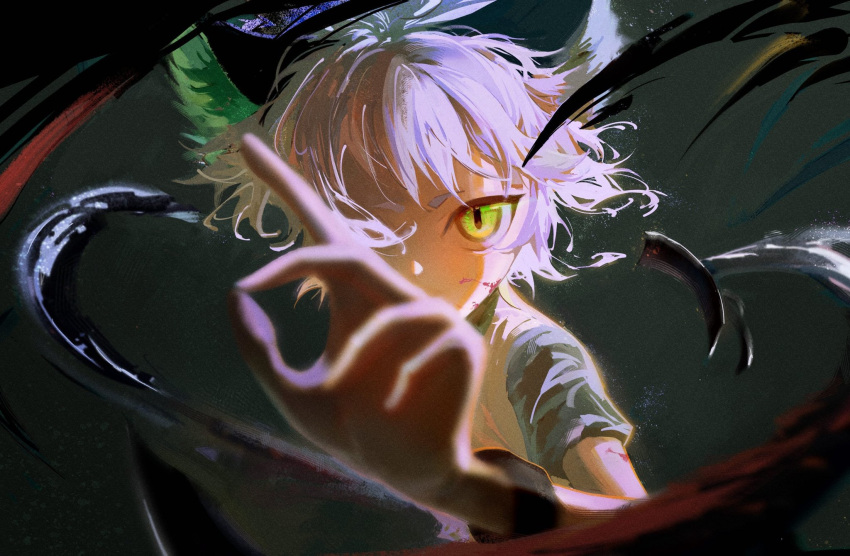 1boy animal_ears bangs blurry blurry_foreground cat_boy cat_ears covered_face green_eyes highres looking_at_viewer luoxiaohei marmeloism one_eye_covered short_hair short_sleeves slit_pupils solo the_legend_of_luo_xiaohei upper_body white_hair