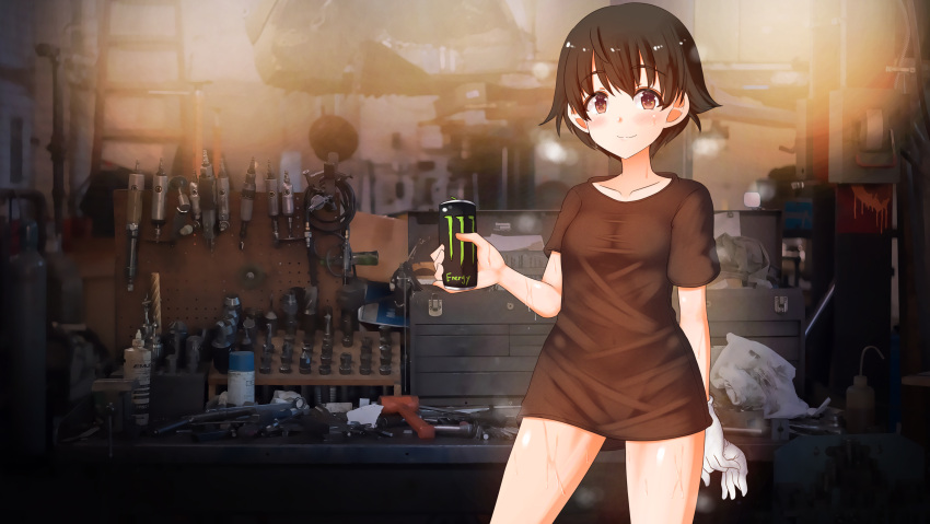 1girl absurdres aquaegg bangs black_shirt blush breasts brown_eyes brown_hair can casual closed_mouth collarbone commentary_request covered_navel drink eyebrows_visible_through_hair girls_und_panzer gloves gloves_removed highres holding holding_can holding_clothes holding_drink holding_gloves indoors looking_at_viewer monster_energy nakajima_(girls_und_panzer) no_pants photo_background shiny shiny_hair shiny_skin shirt short_hair short_sleeves small_breasts smile solo standing sweat t-shirt twitter_username wet white_gloves workshop