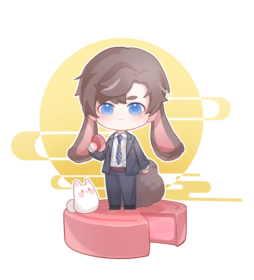 1boy animal_ears artem_wing_(tears_of_themis) bangs black_jacket black_pants blue_eyes blue_necktie brown_hair closed_mouth food formal highres holding holding_food jacket long_sleeves looking_at_viewer necktie pants polo_shirt rabbit rabbit_boy rabbit_ears rabbit_tail shirt short_hair smile solo tail tears_of_themis white_shirt xinsuimangguoren