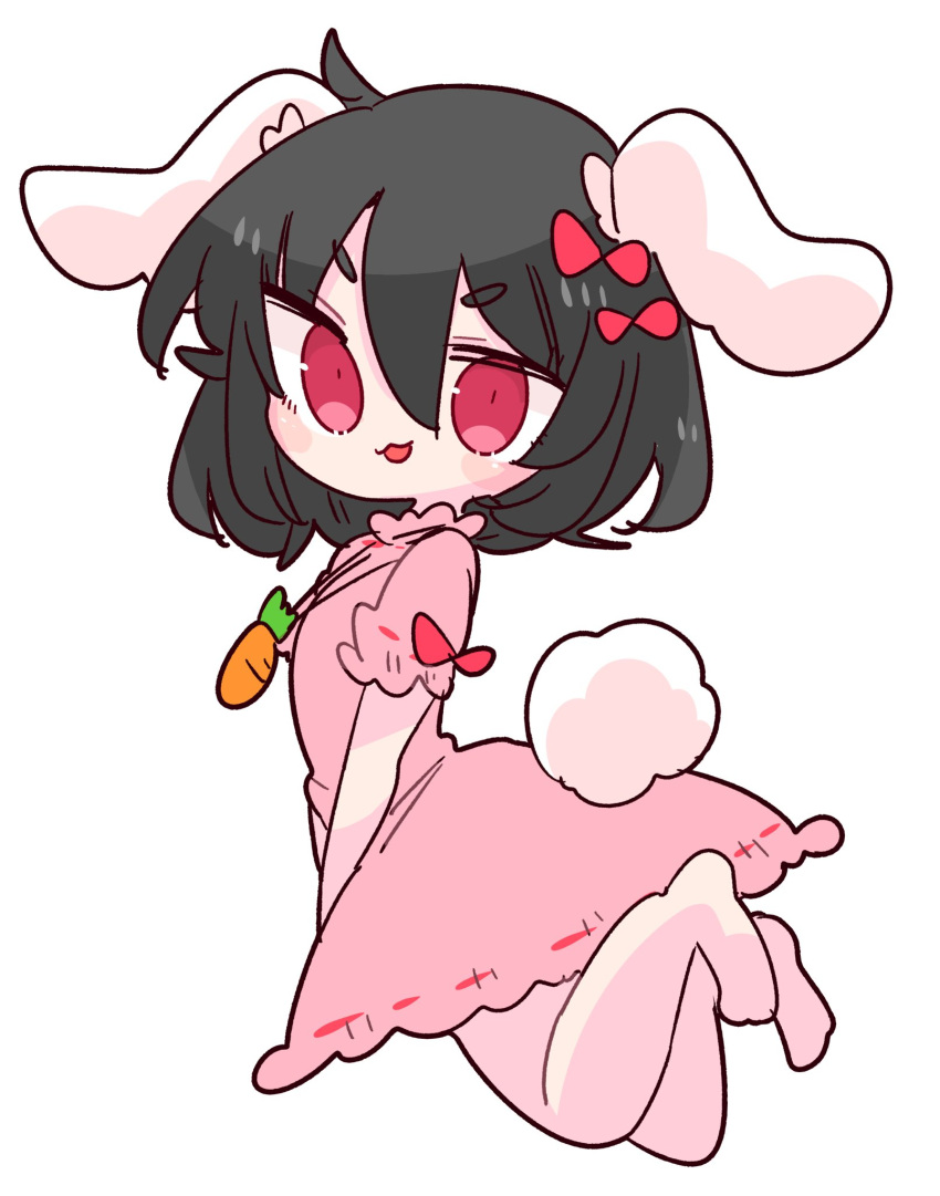 1girl :3 animal_ears barefoot black_hair bow carrot_necklace dress floppy_ears frilled_dress frilled_sleeves frills hair_bow highres inaba_tewi op_na_yarou pink_dress puffy_short_sleeves puffy_sleeves rabbit_ears rabbit_tail red_eyes ribbon-trimmed_dress short_hair short_sleeves simple_background sleeve_bow solo tail touhou white_background