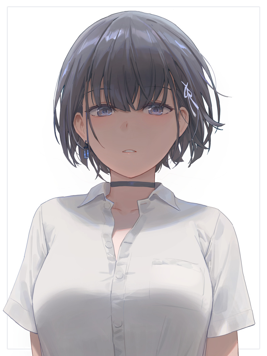 1girl absurdres black_choker black_hair blue_eyes breast_pocket breasts buttons choker collared_shirt dress_shirt earrings free_style_(yohan1754) hair_ribbon highres jewelry large_breasts looking_at_viewer original parted_lips partially_unbuttoned pocket ribbon shirt short_hair short_sleeves simple_background solo upper_body white_background white_shirt