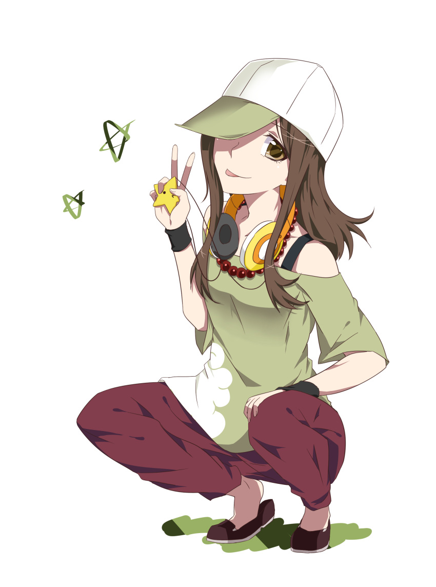 1girl absurdres baseball_cap beads black_wristband brown_eyes brown_hair gaen_izuko hat headphones headphones_around_neck highres jewelry kakoikaren long_hair looking_at_viewer monogatari_(series) necklace prayer_beads shirt simple_background smile solo white_background