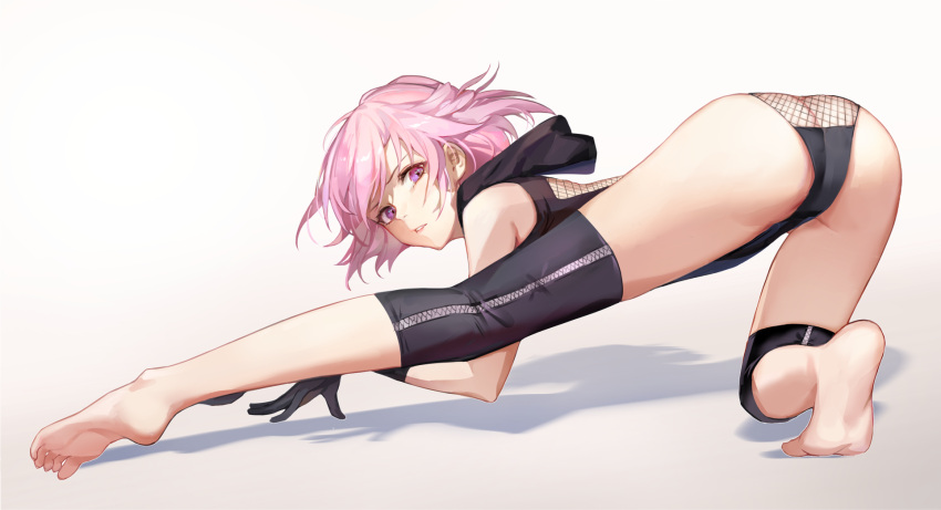 1girl all_fours ass bare_legs barefoot black_gloves black_leotard bodysuit detached_leggings detached_sleeves elbow_gloves feet fishnets gloves highres hood knee_pads kuza_brs leotard looking_at_viewer looking_back ninja original pink_eyes pink_hair short_hair soles spread_legs superhero_landing turning_head