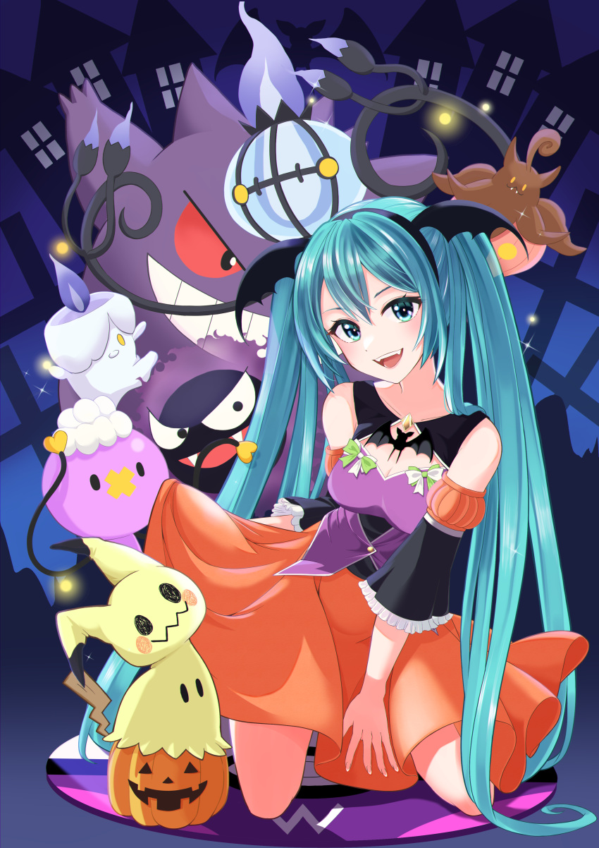 1girl absurdres bangs bare_shoulders blush chandelure commentary crossover detached_sleeves drifloon eringi_(eringi_original) eyelashes gastly gengar green_eyes green_hair halloween hatsune_miku head_tilt highres kneeling litwick long_hair looking_at_viewer mimikyu open_mouth orange_skirt pokemon pokemon_(creature) pumpkaboo skirt smile teeth tongue twintails upper_teeth vocaloid