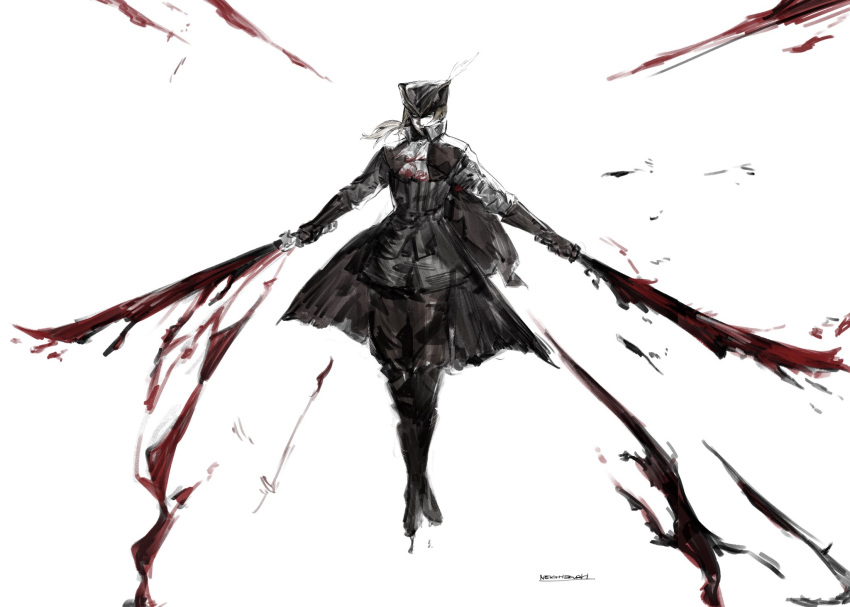 1girl ascot blonde_hair blood bloodborne boots cape coat flying full_body gloves hat hat_feather highres lady_maria_of_the_astral_clocktower long_hair looking_at_viewer ponytail rakuyo_(bloodborne) simple_background solo sword the_old_hunters tricorne weapon white_hair yourfreakyneighbourh