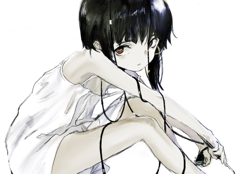 1girl asymmetrical_hair brown_eyes brown_hair cable commentary dress hair_ornament hairclip highres iwakura_lain looking_at_viewer luv serial_experiments_lain short_hair simple_background sitting sleeveless solo white_background white_dress x_hair_ornament