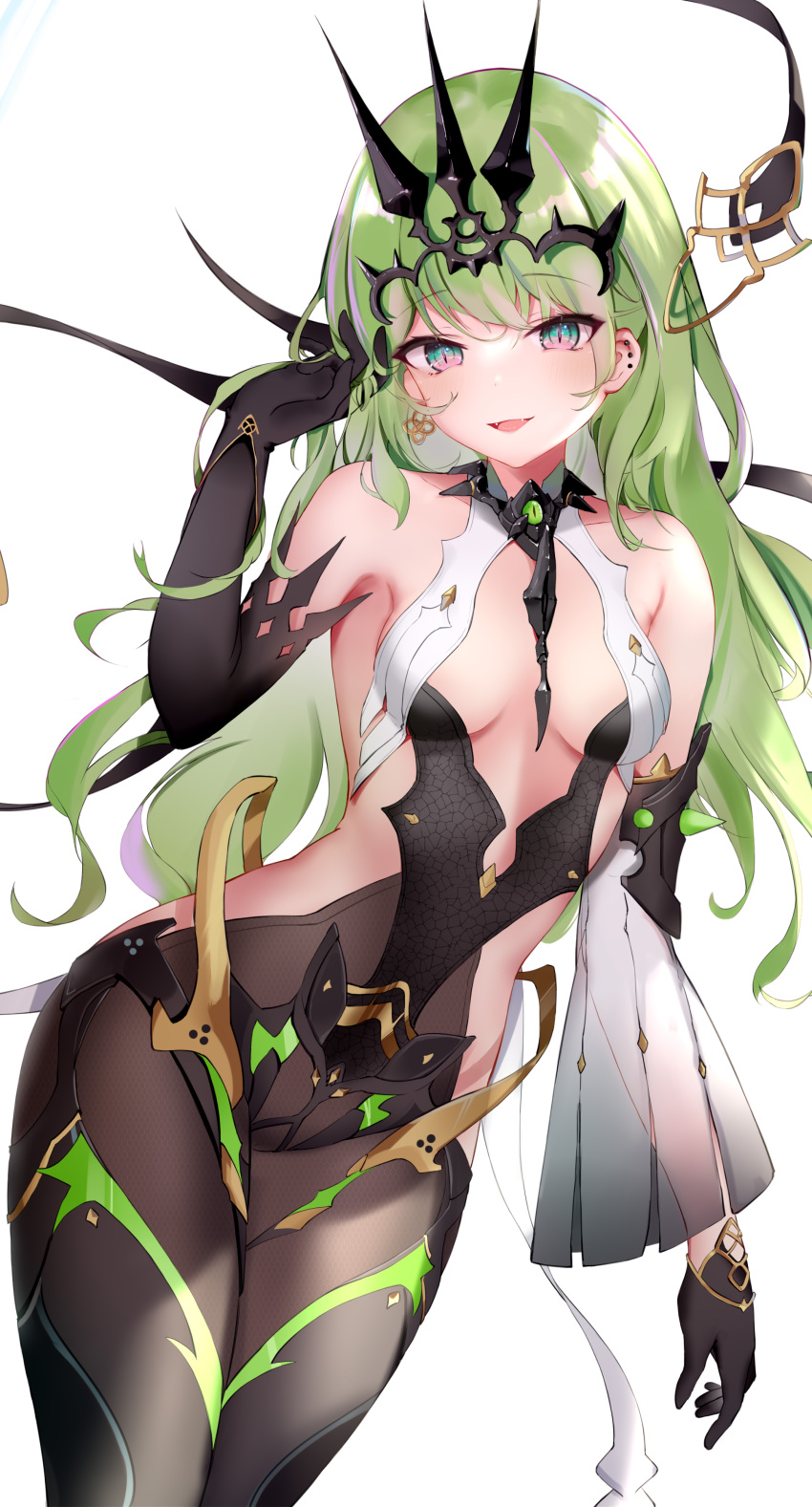 1girl absurdres armpits backless_leotard bare_shoulders black_gloves black_leotard breasts brown_legwear cowboy_shot detached_sleeves ear_piercing earrings elbow_gloves fangs gloves green_eyes green_hair hand_up headgear highres honkai_(series) honkai_impact_3rd jewelry leotard long_hair long_sleeves looking_at_viewer mobius_(honkai_impact) open_mouth pantyhose piercing revealing_clothes see-through_sleeves simple_background single_detached_sleeve small_breasts smile solo standing usagi_poi white_background wings