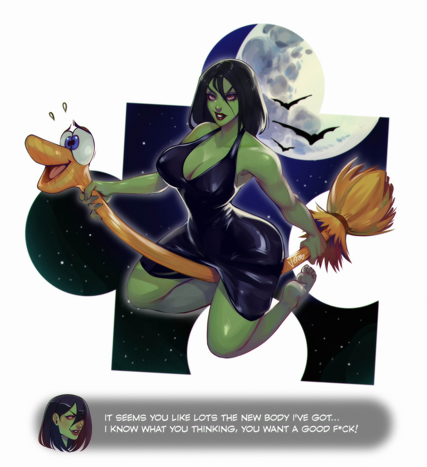 1girl alternate_form bad_end banjo-kazooie barefoot bat black_dress black_hair breasts broom broom_riding colored_skin covered_nipples curvy dialogue_box dress english_commentary english_text eyeshadow flying full_body full_moon green_skin gruntilda_winkybunion highres large_breasts lipstick looking_at_viewer makeup moon narrow_waist plantar_flexion plunging_neckline profanity purple_eyeshadow puzzle_piece red_eyes red_lips revision reward_available short_dress short_hair soles solo starry_background toes vero witch