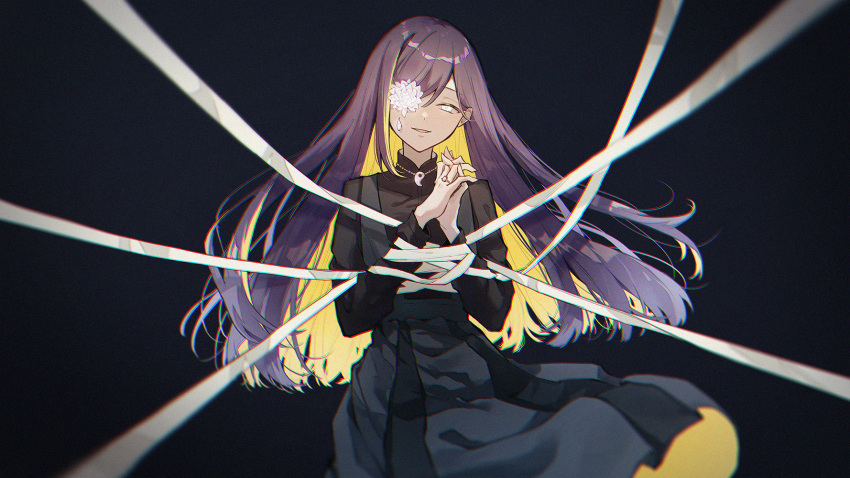 1girl bangs black_background black_shirt blonde_hair bound bound_wrists breasts chromatic_aberration commentary_request dress flower flower_over_eye high_collar highres interlocked_fingers jewelry long_hair long_sleeves looking_at_viewer multicolored_hair necklace necojishi original own_hands_clasped own_hands_together parted_lips pinafore_dress pleated_skirt purple_hair ribbon ring shirt skirt small_breasts smile solo swept_bangs two-tone_hair upper_body white_eyes white_flower white_ribbon