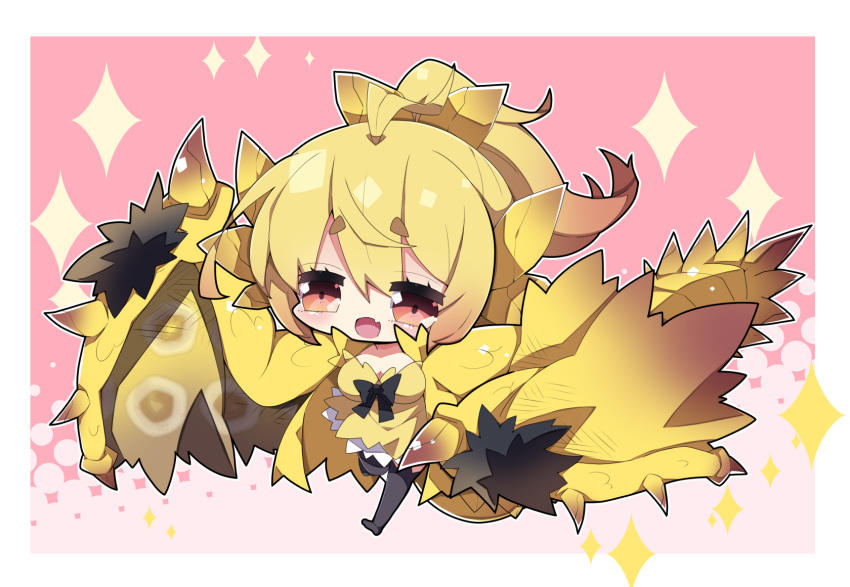 1girl :d ahoge bangs black_bow black_legwear blonde_hair bow breasts chibi commentary_request dragon_girl dragon_horns dragon_wings dress eyebrows_visible_through_hair fang full_body gold_rathian hair_between_eyes halftone halftone_background highres horns looking_at_viewer medium_breasts milkpanda monster_hunter_(series) no_shoes personification pink_background rathian red_eyes short_eyebrows smile solo sparkle strapless strapless_dress thick_eyebrows thigh-highs wings yellow_dress