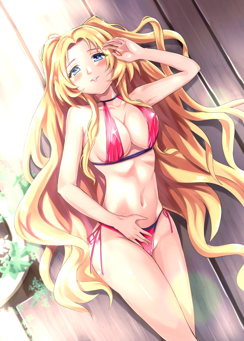 1girl absurdres alfin_reise_arnor blonde_hair blue_eyes blush breasts eiyuu_densetsu embarrassed falcom highres large_breasts long_hair long_sleeves looking_at_viewer lying mussyu_danachan sen_no_kiseki smile solo swimsuit very_long_hair