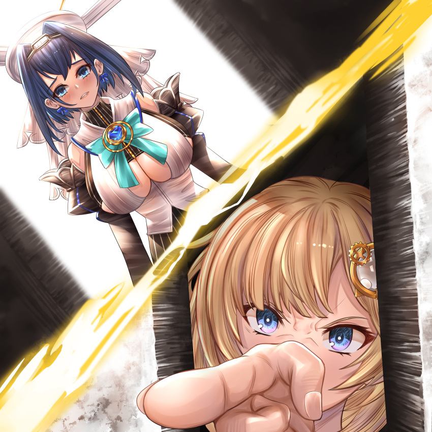 2girls absurdres bangs blonde_hair blue_eyes blue_hair bow bow_earrings clothing_cutout detached_sleeves earrings eyebrows_visible_through_hair hair_intakes hair_ornament headband highres hololive hololive_english honkivampy jewelry monocle_hair_ornament multiple_girls ouro_kronii pointing short_hair virtual_youtuber watson_amelia
