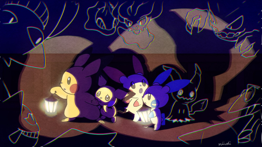 :o banette chromatic_aberration dreepy gengar haunter highres holding holding_lantern lantern light looking_up mimikyu minun misdreavus niiichi_21pk no_humans open_mouth pichu pikachu plusle pokemon pokemon_(creature) scared shuppet standing symbol-only_commentary