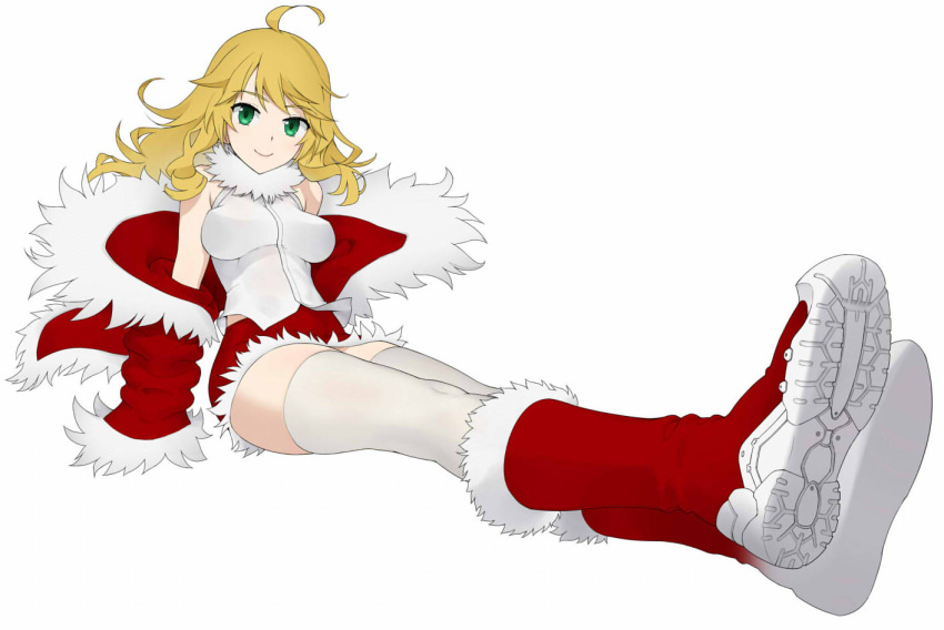 1girl ahoge bangs blonde_hair blouse boots breasts christmas closed_mouth coat commentary foreshortening fur-trimmed_coat fur-trimmed_footwear fur-trimmed_shorts fur_collar fur_trim green_eyes halterneck hoshii_miki idolmaster idolmaster_(classic) knee_boots long_hair looking_at_viewer medium_breasts off_shoulder red_coat red_footwear red_shorts santa_boots short_shorts shorts simple_background sitting smile solo thigh-highs wata_do_chinkuru white_background white_blouse white_legwear