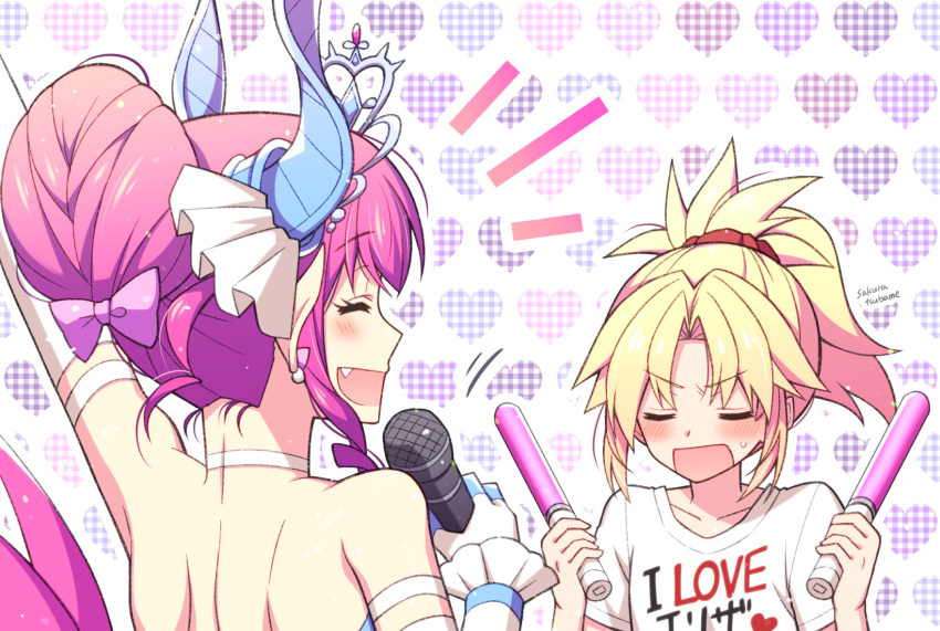 2girls artist_name blonde_hair blush closed_eyes earrings elizabeth_bathory_(cinderella_rider)_(fate) elizabeth_bathory_(fate) fang fate/grand_order fate_(series) gloves glowstick hair_bun heart heart_background highres horns jewelry microphone mordred_(fate) multiple_girls pink_hair ponytail sakura_tsubame tiara white_gloves