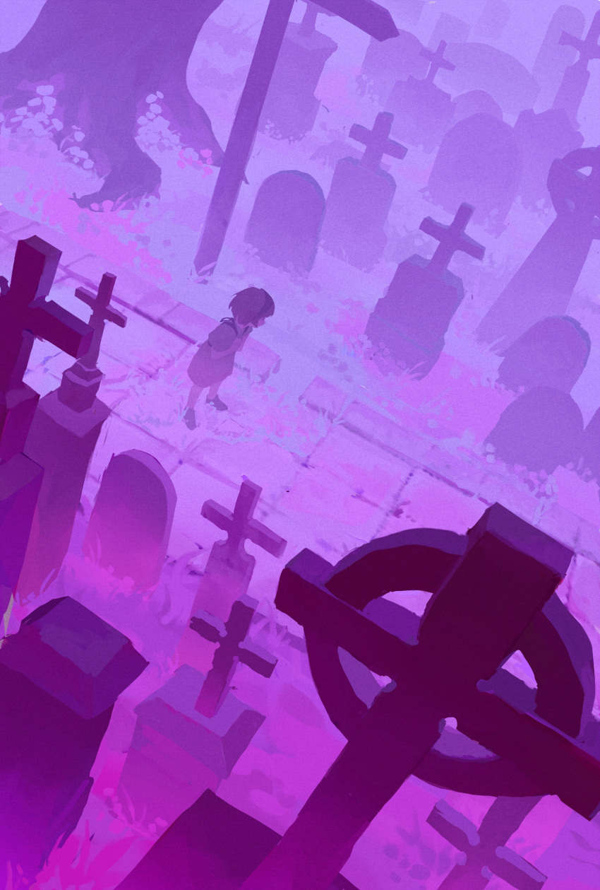 1girl absurdres child from_side graveyard hairband highres latin_cross medium_hair original purple_theme solo standing tombstone umber wide_shot