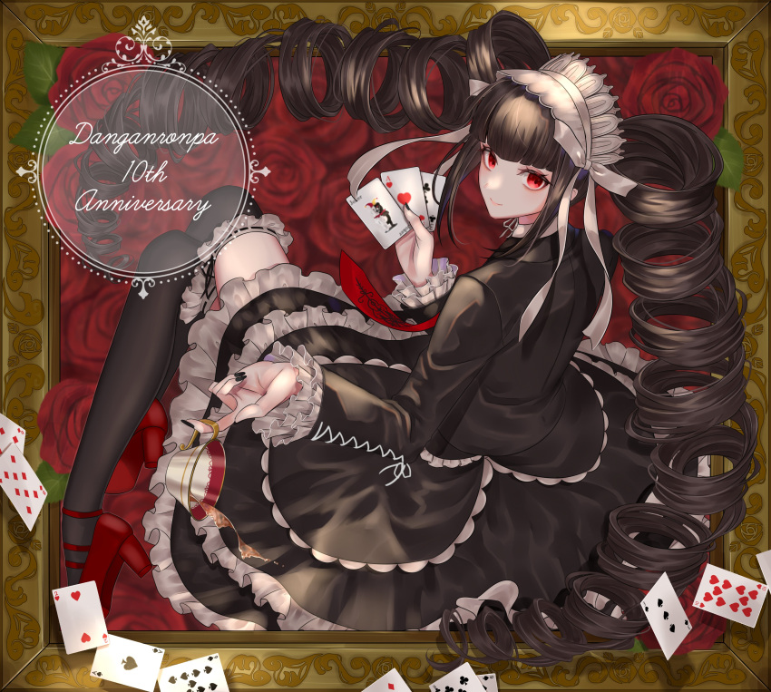 1girl absurdres anniversary azaka_(rionrita) bangs black_hair black_jacket black_legwear bonnet brown_hair card celestia_ludenberg claw_ring copyright_name cup danganronpa:_trigger_happy_havoc danganronpa_(series) drill_hair flower framed frilled_skirt frills gothic_lolita high_heels highres holding holding_card holding_cup jacket jewelry layered_skirt lolita_fashion long_hair long_sleeves looking_at_viewer monokuma necktie over-kneehighs print_necktie red_background red_eyes red_flower red_footwear red_necktie red_rose ribbon-trimmed_legwear ribbon_trim rose skirt smile solo thigh-highs twin_drills twintails