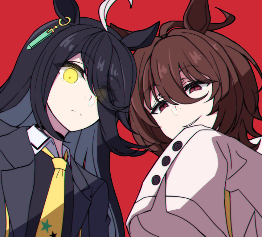 2girls agnes_tachyon_(umamusume) ahoge animal_ears arimon_(dfrgty12) black_hair brown_hair highres horse_ears labcoat manhattan_cafe_(umamusume) multiple_girls necktie red_background red_eyes sleeves_past_fingers sleeves_past_wrists smile umamusume yellow_eyes