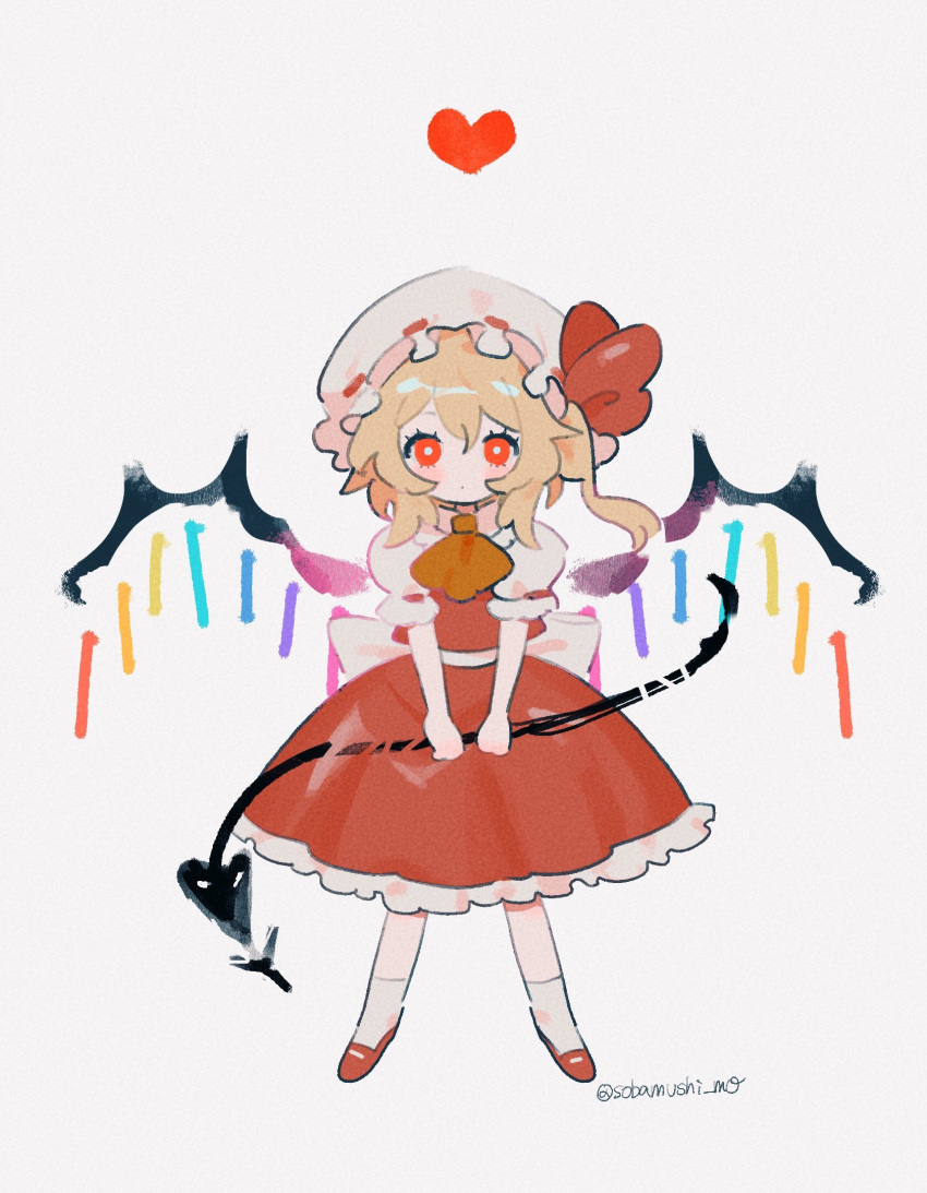 1girl ascot bangs blonde_hair bow chibi crystal flandre_scarlet frills full_body hat hat_ribbon highres laevatein_(touhou) looking_at_viewer medium_hair mob_cap o_o one_side_up puffy_short_sleeves puffy_sleeves red_bow red_eyes red_footwear red_ribbon red_skirt red_vest ribbon shirt shoes short_sleeves side_ponytail simple_background skirt sobamushi_mo solo standing touhou vest white_legwear white_shirt wings yellow_ascot yellow_neckwear