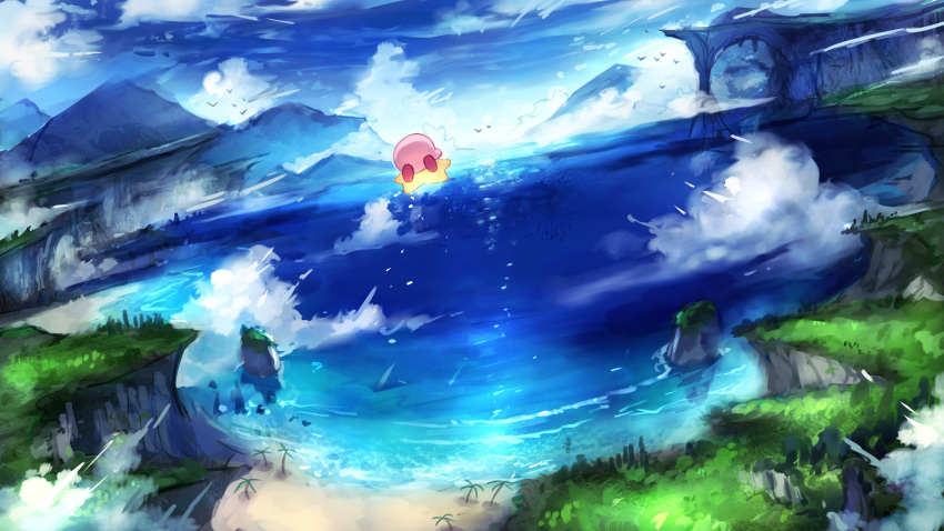 absurdres beach cliff clouds commentary_request day flying from_behind highres kirby kirby_(series) mountainous_horizon ocean outdoors palm_tree shiburingaru solo speed_lines tree warp_star water wide_shot