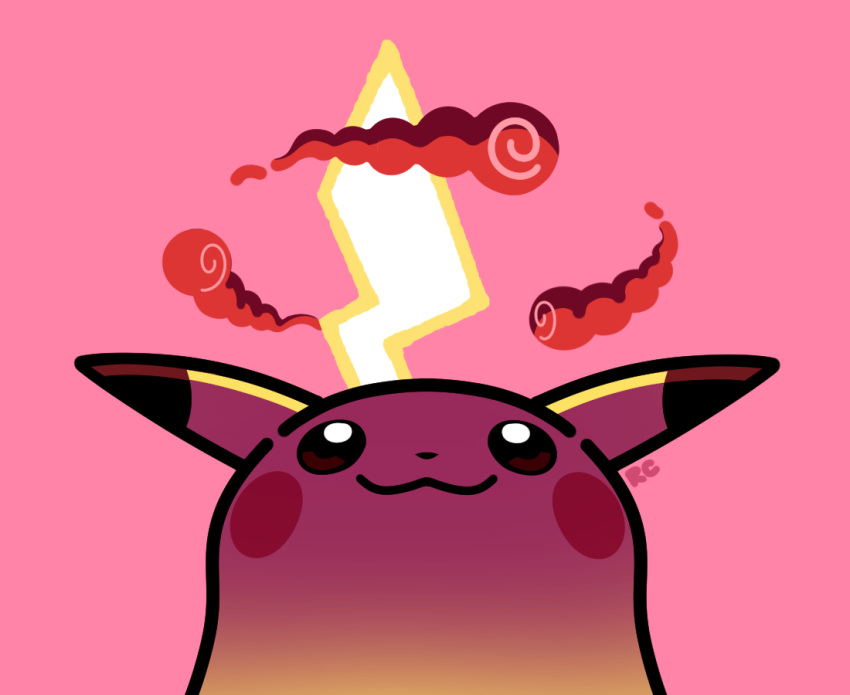 :3 artsy-rc closed_mouth clouds commentary english_commentary gigantamax gigantamax_pikachu no_humans pikachu pink_background pink_theme pokemon pokemon_(creature) signature simple_background smile solo