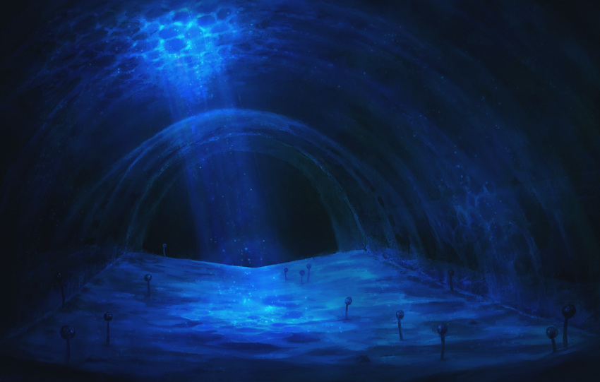 blue_theme caustics english_commentary louivi no_humans ocean_bottom sand scenery tunnel water xenoblade_chronicles_(series) xenoblade_chronicles_2