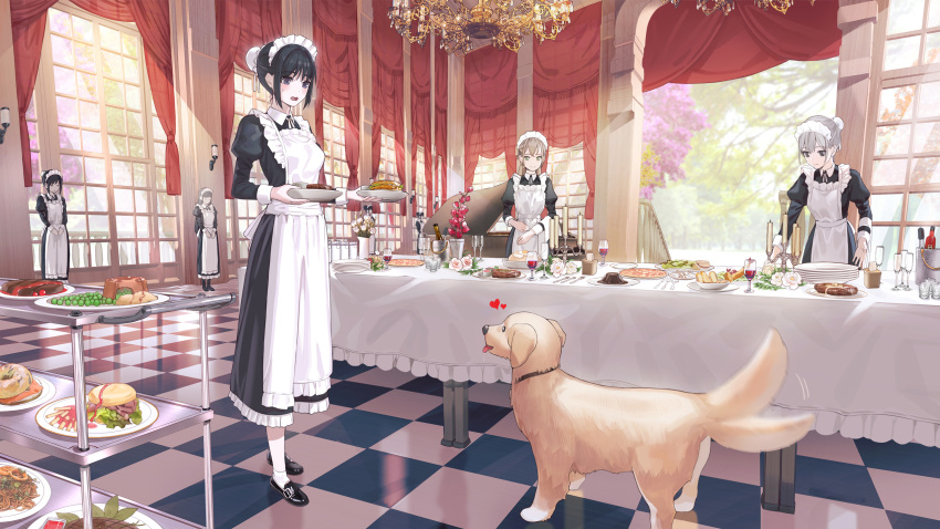 6+girls apron black_hair breasts candle checkered checkered_floor closed_eyes commentary_request day dog eyebrows_visible_through_hair flower food full_body green_eyes grey_eyes grey_hair hair_bun heart highres holding instrument kfr long_sleeves looking_at_animal maid maid_apron maid_headdress medium_breasts multiple_girls open_mouth original piano pizza plate shoes smile standing table tail tail_wagging tongue tree twintails window