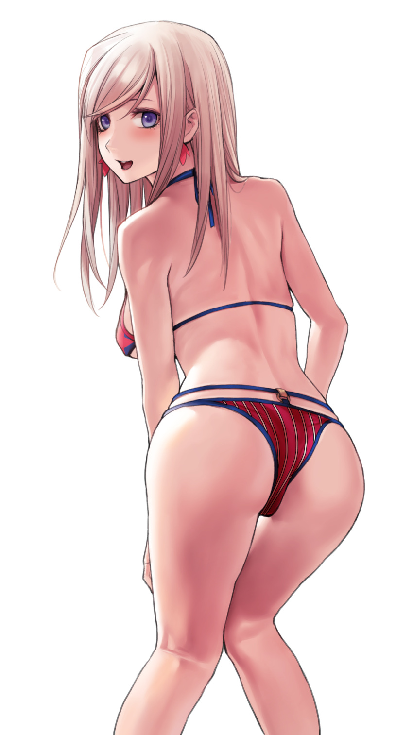 1girl american_flag_bikini applekun ass back bangs bikini blonde_hair blue_eyes blush breasts earrings fate/grand_order fate_(series) feet_out_of_frame flag_print from_behind halterneck highres jewelry legs looking_at_viewer looking_back miyamoto_musashi open_mouth simple_background smile solo straight_hair swept_bangs swimsuit thighs white_background