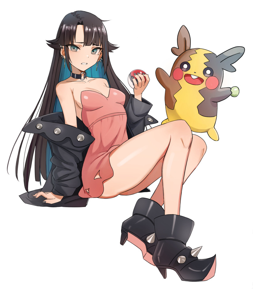 1girl absurdres boots breasts choker collar dress green_eyes highres jacket jacket_partially_removed kiritzugu knees_up looking_at_viewer marnie_(pokemon) marnie_(pokemon)_(cosplay) mole mole_under_eye morpeko morpeko_(full) o-ring o-ring_choker original pink_dress pokemon pokemon_(creature) pokemon_(game) pokemon_swsh small_breasts spiked_boots thighs